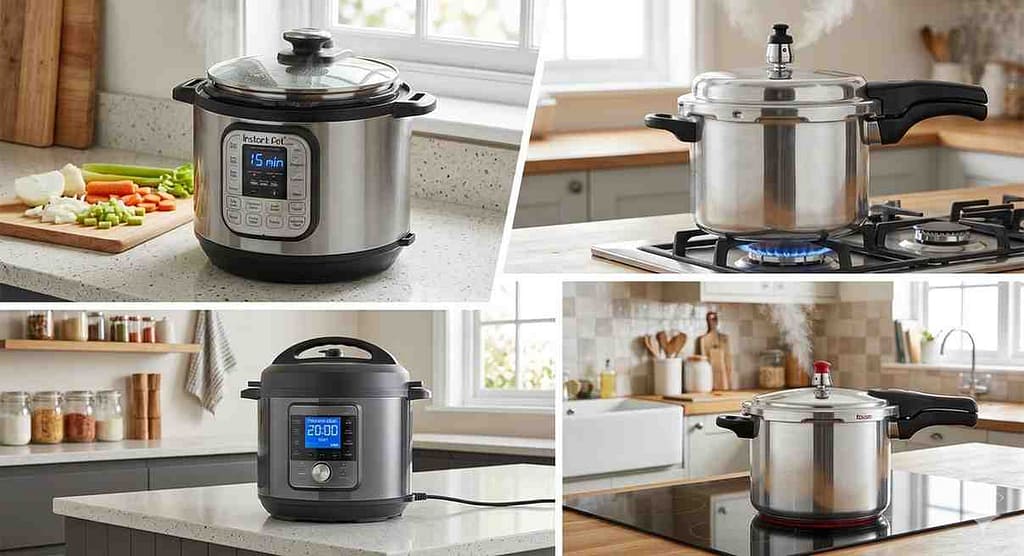 different model of the pressure cookers on the countertop